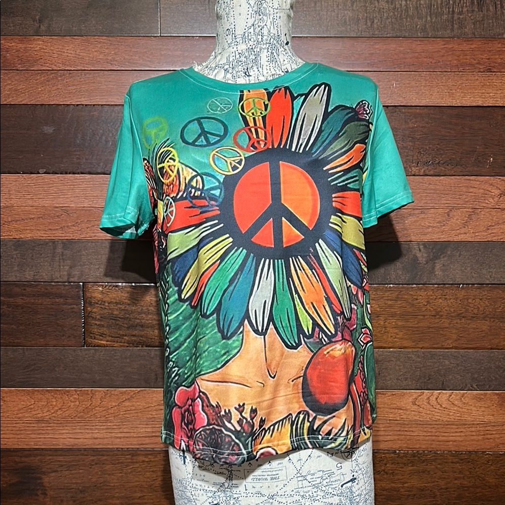 No Brand Tag Colorful Peace Sign Floral T-Shirt